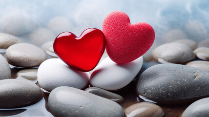 Two beautiful red hearts on a background of gray stones
