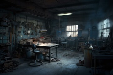 Desolate workshop with moody ambiance in cool hues. Generative AI