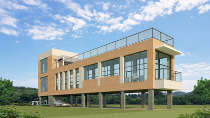 modern building with grass, train station in the countryside, rendering of a modern cafe in the countryside