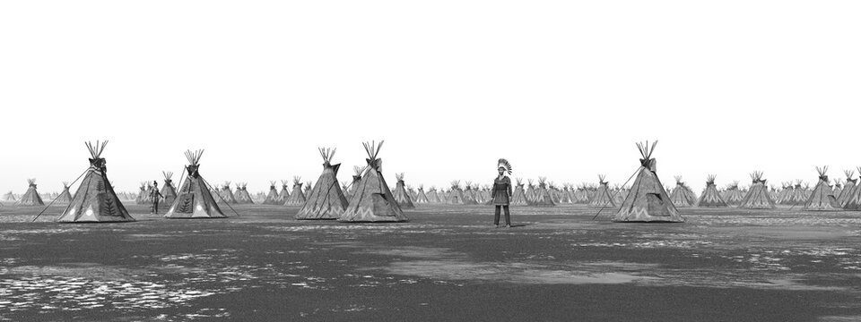 Indianerlager in der Prärie in Schwarz und Weiß