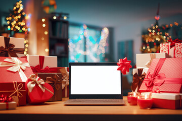 Laptop and home interior decorated for Christmas