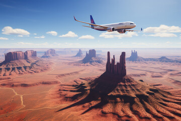 Airbus A321 on a sunny day over Monument Valley - obrazy, fototapety, plakaty