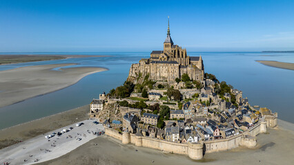 Aerial view Mont-Saint-Michel monastery and abbey, Le Mont-Saint-Michel, salt marshes, Normandy,...