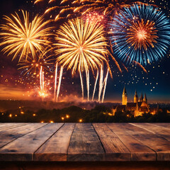 Empty wooden table in front of fireworks background