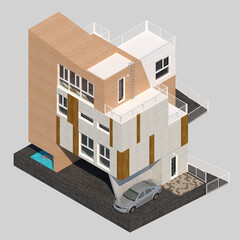 3d render of a building, modern house in the city, rendering of a modern multi-story house, brick house with blue sky, isometric modern house