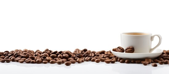 White background with coffee beans and cup