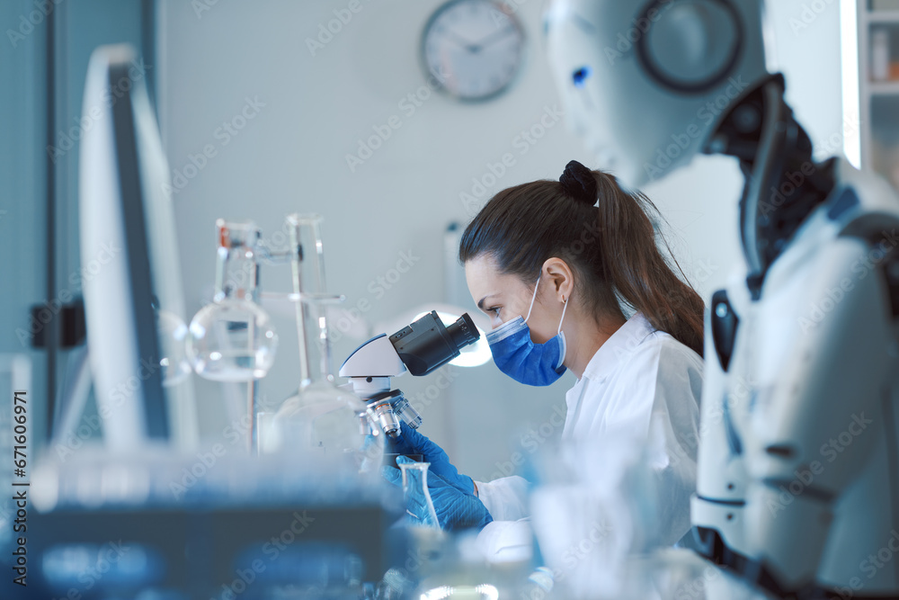 Wall mural scientist and humanoid ai robot in the science lab