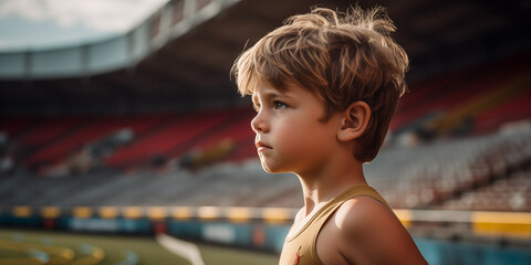 side view of little boy watching sport in stadium wearing yellow 