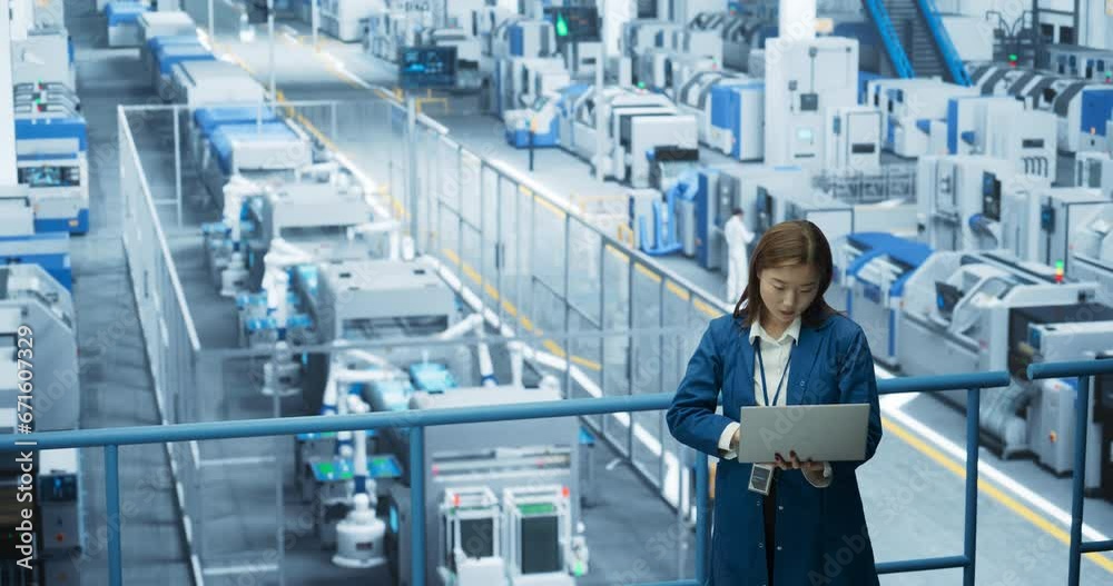 Leinwandbilder asian female engineer standing in a factory facility, working on laptop computer, researching and de