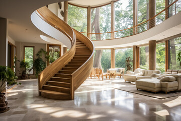 A modern mansion's centerpiece staircase, featuring a minimalist travertine structure and wooden...