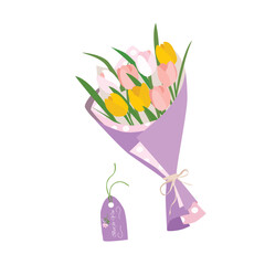 Flower bouquet vector illustration. Tulip flower bouquet wrapped in color paper. Decoration for invitation, greeting card, poster, banner, frame design. Floral cartoon clip art isolated on white.