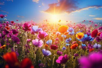 Stunning flower field basking in sunlight, fluttering butterflies, vibrant spring-summer ambiance. Generative AI