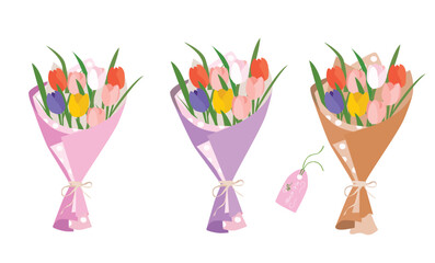 Flower bouquet vector illustration. Tulip flower bouquet wrapped in color paper. Decoration for invitation, greeting card, poster, banner, frame design. Floral cartoon clip art isolated on white.
