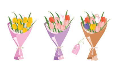 Flower bouquet vector illustration. Tulip flower bouquet wrapped in color paper. Decoration for invitation, greeting card, poster, banner, frame design. Floral cartoon clip art isolated on white.