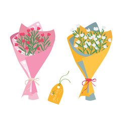 Bouquet of flower. Wild flower bouquet vector illustration. Summer flower. Floral bouquet wrapped in gift paper. Gift for special day, celebration day like birthday, teacher day, women day.
