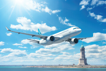 Airbus A321 on a sunny day over Statue of Liberty