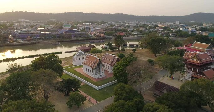 Aerial landscape of Wat Uposatharam Or Wat Bot Manorom, located on Thepo Island along the Sakae Krang River, is an important temple of Uthai Thani Province, Thailand.