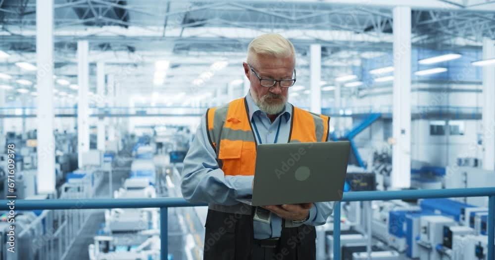 Aufkleber Portrait of a Thoughtful Middle Aged Engineer Monitoring and Analyzing Conditions at a Modern Electronics Factory with Automated Robots Working with the Help of Artificial Intelligence Software