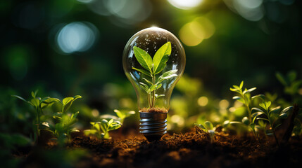 Blooming plant inside light bulb, representing eco-friendly green technology and innovation for sustainable businesses - obrazy, fototapety, plakaty