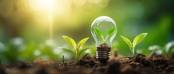 Blooming plant inside light bulb, representing eco-friendly green technology and innovation for sustainable businesses