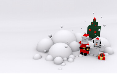 3 d cartoon and square Santa Claus and snowman,Christmas tree, gifts lantern in snowdrifts on a white background view from the top with a place for text