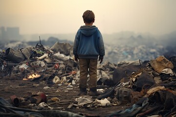 Poor child is standing on a smoking dump on the outskirts. Poverty and environmental pollution concept. Back view.
