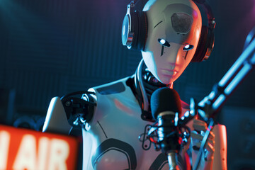 AI robot working at the radio station studio