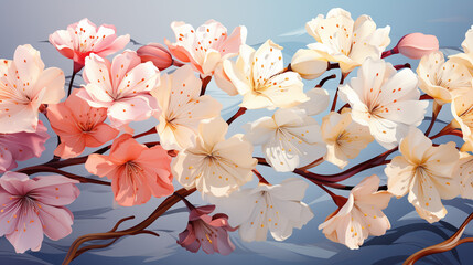 Charming Spring Cherry Blossom Patterns: Lavender, Ivory, Lime Yellow, Mint Green, Soft Pink, Pale Blue, Lilac, Peach, Sky Blue, Delicate Floral Patterns in Pastel Hues