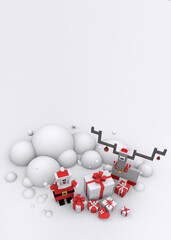 3 d cartoon and square Santa Claus and deer,Christmas tree, gifts in snowdrifts on a white background view from the top with a place for text..Funny.