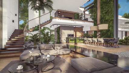 3d rendering of expensive cozy interior with green walls with living dining zone stair and kitchen for sale or rent. Spacious apartments with expensive furniture, equipment and flowers
