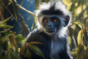 Obraz premium Image of colobus monkey on the tree in natural jungle. Wildlife Animals.