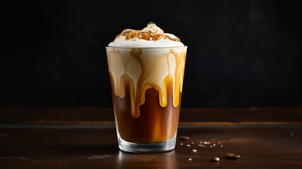 iced caramel macchiato, espresso spreading into milk, copy space, 16:9