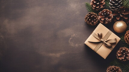 Christmas gift from kraft paper with right on gray background top view, copy space