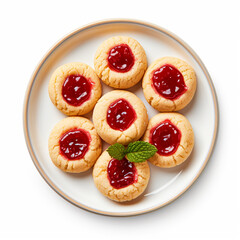 Thumbprint cookies filled with raspberry jam on a plate top view on isolated white background - ai generative