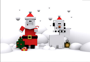 3 d cartoon and square Santa Claus and snowman,Christmas tree, gifts lantern in snowdrifts on a...