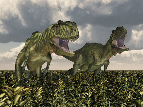 Dinosaurier Yangchuanosaurus in einer Landschaft