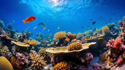 Beautiful underwater view of a coral reef with many different tropical fish.