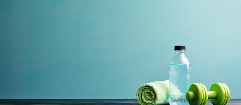 Green dumbbells water bottle and yoga mat on a blue background
