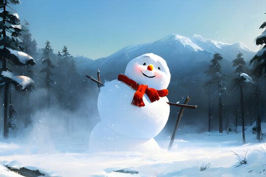 Snowman with red scarf against the background of snowy mountains, Generative Ai
