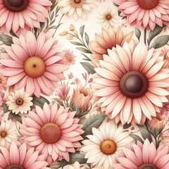 Pink African Daisy With Sun Flower Floral Pattern Design Background | Generative AI