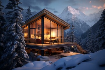 Cabin with stunning mountain view, warm wood interior, and serene winter landscape. Generative AI
