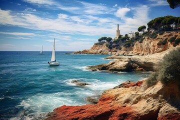 A seaside scenery with lighthouse, sailboat, cliffs in Torredembarra, Tarragona, Catalonia, Spain. Generative AI - obrazy, fototapety, plakaty