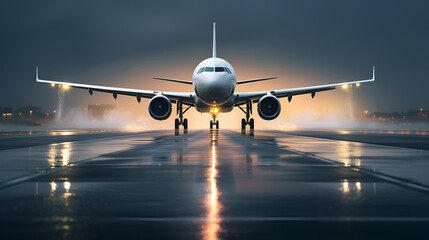 Naklejka premium . Airplane on airport runway. Airplane on the platform of Airport. Landing aircraft closeup.World travel concept.