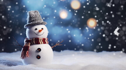 Fototapeta premium Snowman in a gray hat against a background of snow copy space