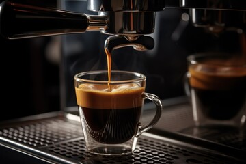 Espresso preparation by using coffee machine. Espresso pouring from coffee machine. Close-up of espresso pouring from coffee machine. Professional coffee brewing.