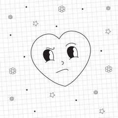 Heart with cute confused face with little black stars and flowers in outline style on squared white background for patterns, wallpapers, stickers, webs