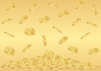 Golden Coins Heap. Golden Coins Falling into Pile of Golden Coins on Golden Background. Rich and Wealth Concept. Vector Illustration. 