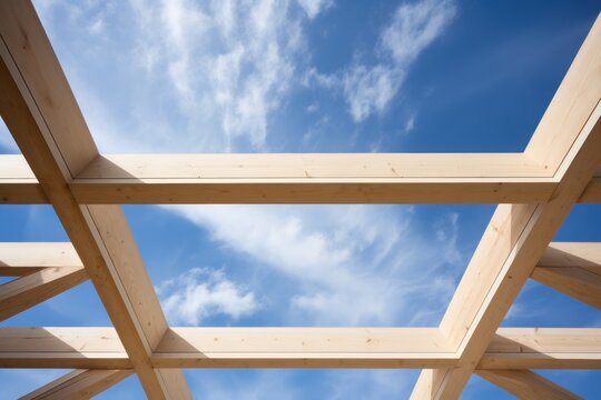 Detail of wooden house frame on the sky background. Craftsmanship and sturdiness into construction. Wooden frame of house without ceilings - decisions with structural sturdiness integral to