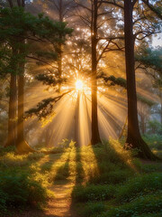 A view of a beautiful sunrise through the trees. AI generated