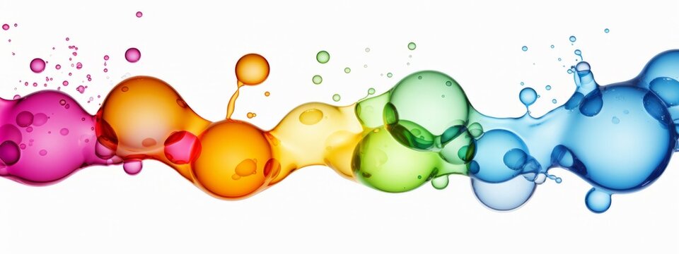 Rainbow colored water drops splashes, colorful liquid fluid, long banner, isolated on white background